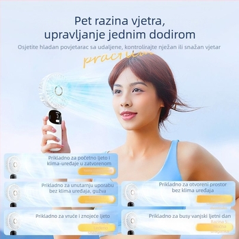 Ručni sklopivi ventilator s USB napajanjem i digitalnim zaslonom – bezčetkasti motor, ugrađena baterija od 6000 mAh, 5 brzina, niski šum