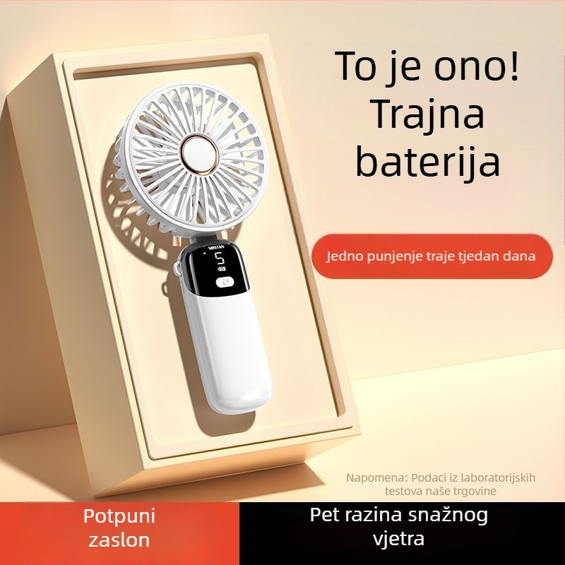Ručni sklopivi ventilator s USB napajanjem i digitalnim zaslonom – bezčetkasti motor, ugrađena baterija od 6000 mAh, 5 brzina, niski šum