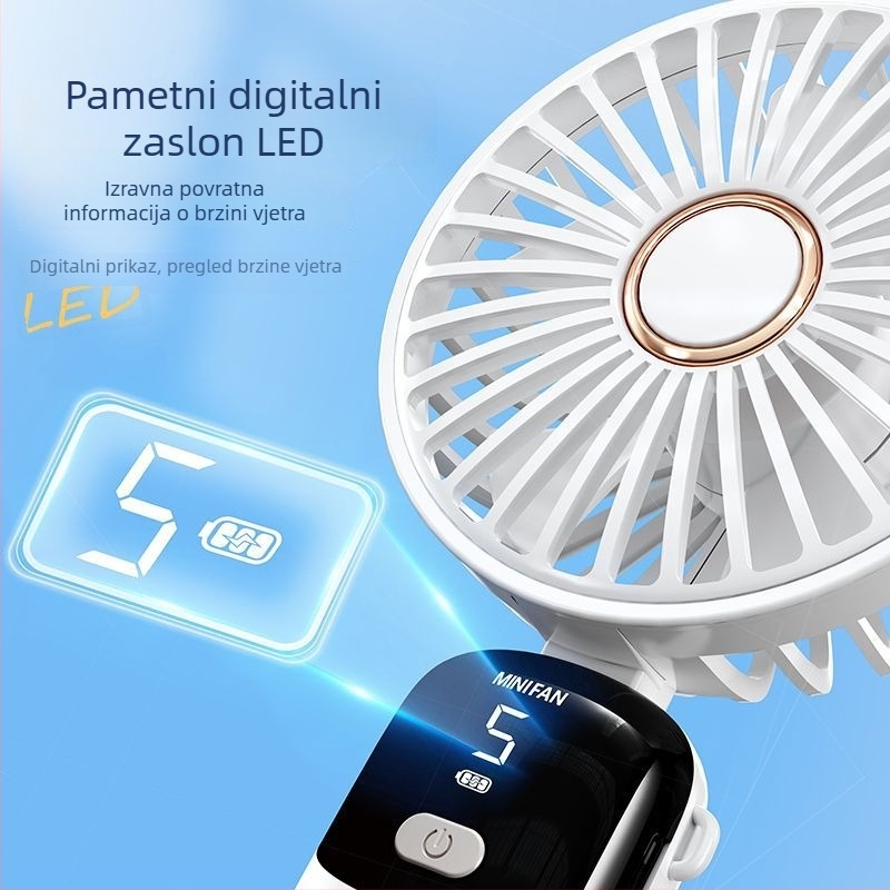 Ručni sklopivi ventilator s USB napajanjem i digitalnim zaslonom – bezčetkasti motor, ugrađena baterija od 6000 mAh, 5 brzina, niski šum