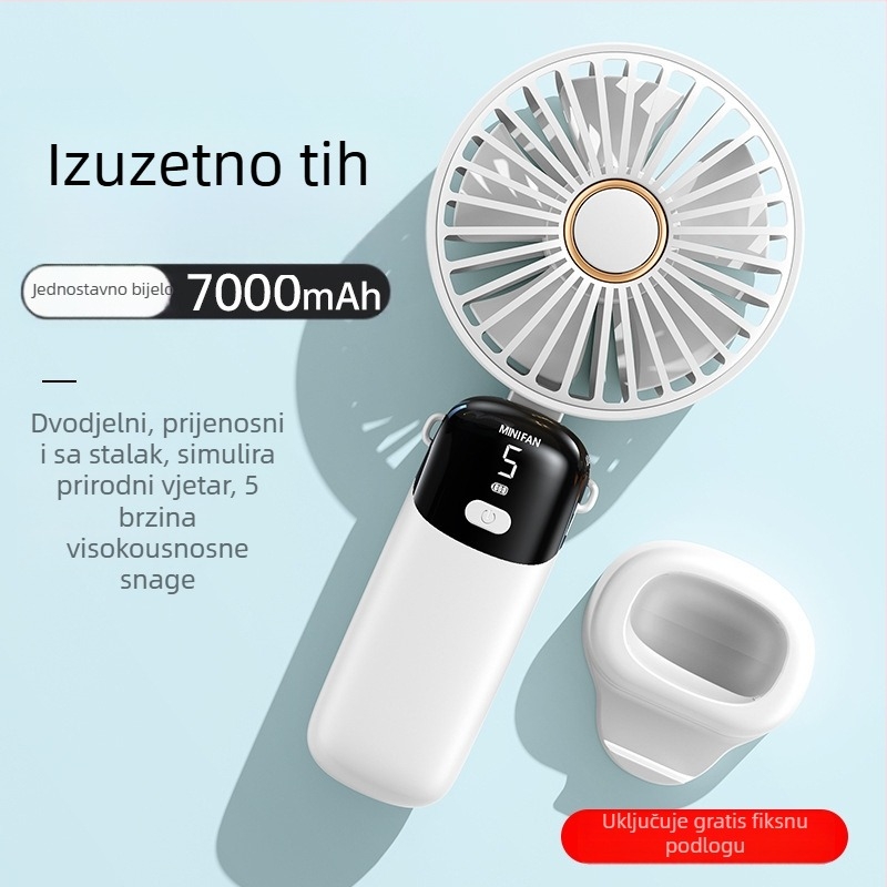 Ručni sklopivi ventilator s USB napajanjem i digitalnim zaslonom – bezčetkasti motor, ugrađena baterija od 6000 mAh, 5 brzina, niski šum