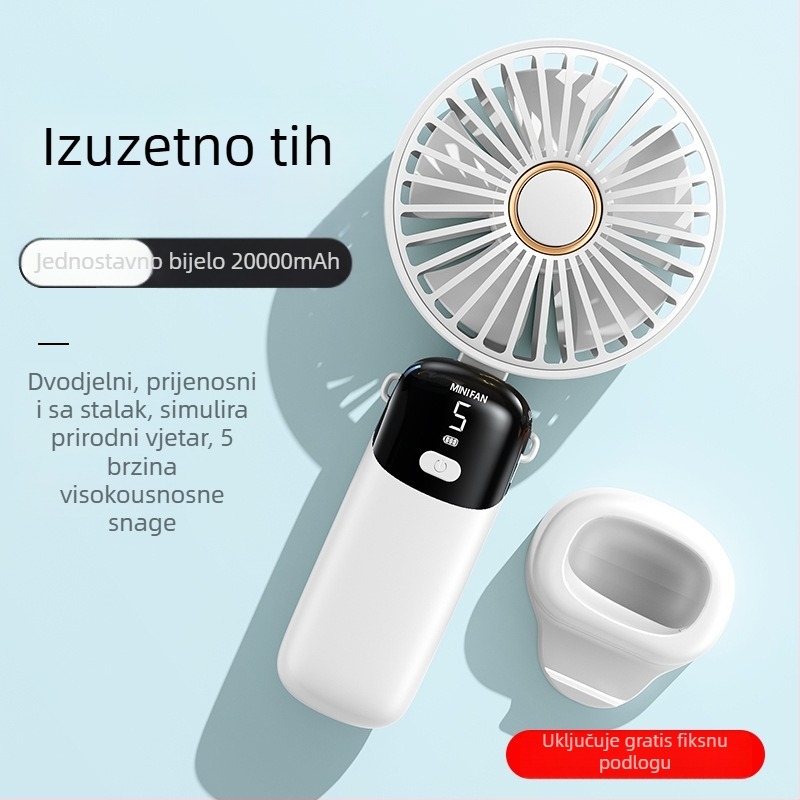 Ručni sklopivi ventilator s USB napajanjem i digitalnim zaslonom – bezčetkasti motor, ugrađena baterija od 6000 mAh, 5 brzina, niski šum