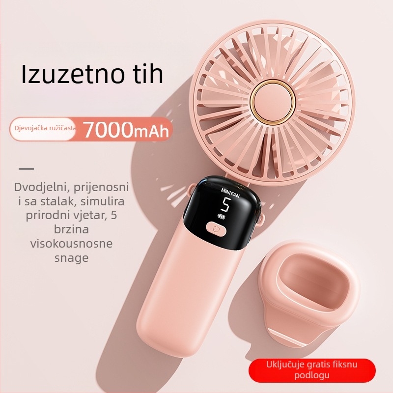 Ručni sklopivi ventilator s USB napajanjem i digitalnim zaslonom – bezčetkasti motor, ugrađena baterija od 6000 mAh, 5 brzina, niski šum