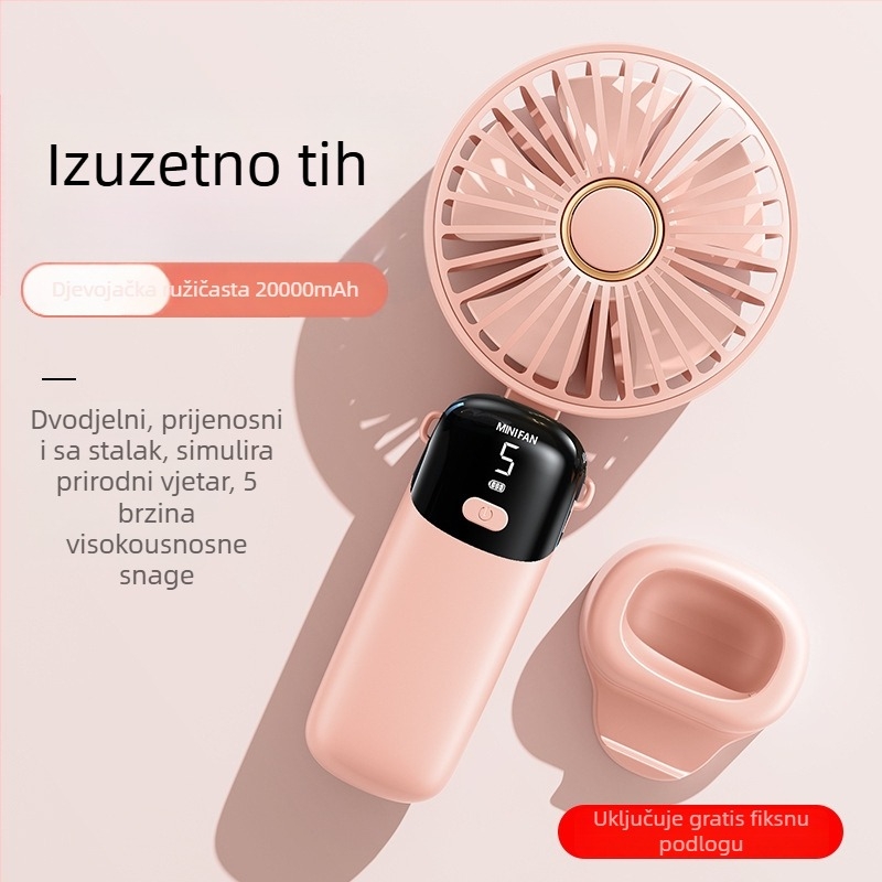 Ručni sklopivi ventilator s USB napajanjem i digitalnim zaslonom – bezčetkasti motor, ugrađena baterija od 6000 mAh, 5 brzina, niski šum