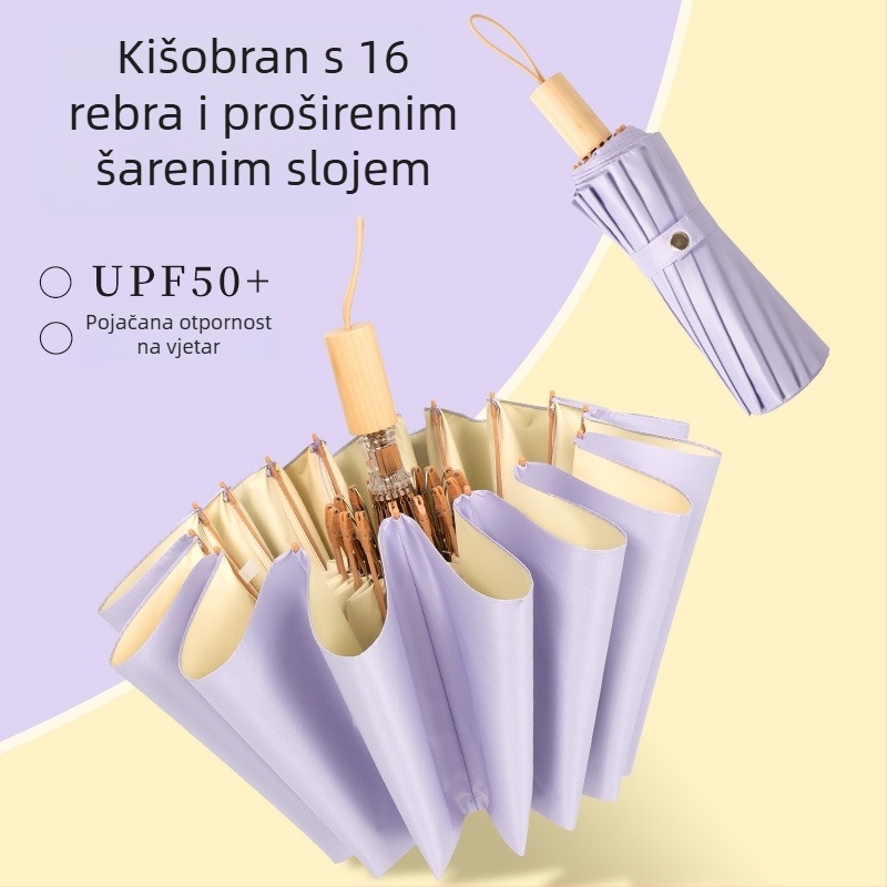 16‑krilni sklopivi kišobran, UPF 50+, poliester 190T, drvena ručka, ručno otvaranje/zatvaranje