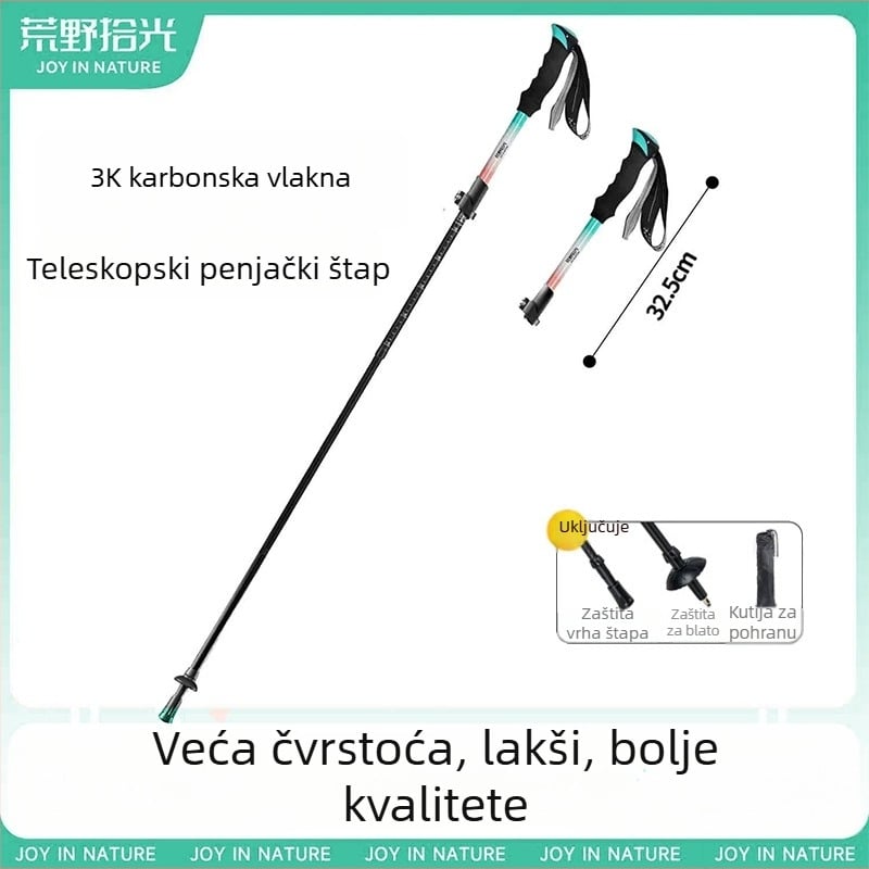 3K karbonski štap za planinarenje, trostruko teleskopski, ultra lagan, EVA drška, 174 g