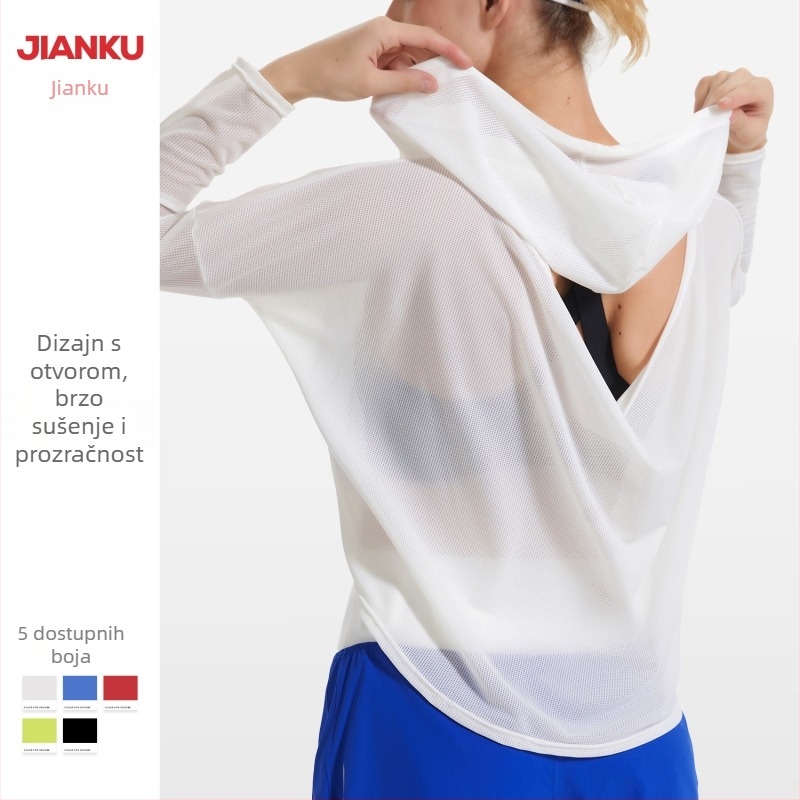 Ženski dugi rukav s kapuljačom za trčanje – prozračan, brzo se suši, opuštena kroj, najlon tkanina s podstavom od spandexa (85% najlon, 15% spandex)