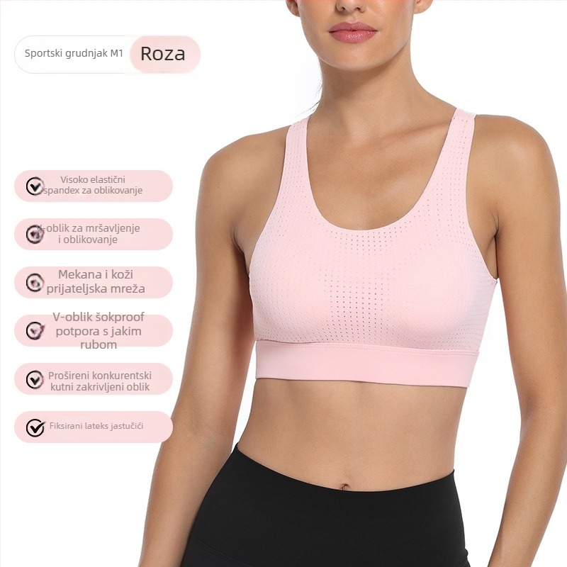 Sportska grudnjak s oblikovanim čašicama 3/4, fiksne dvostruke naramenice, stražnje kopčanje s tri reda kvačica, glavni materijal 84% poliester, 16% spandex