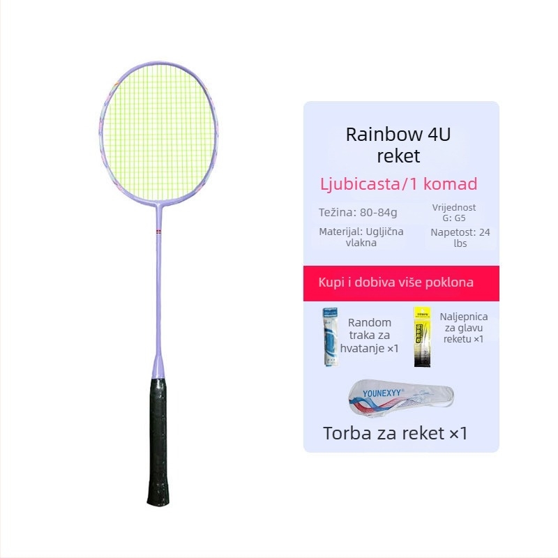 Badminton raketa – trening set za početnike, potpuno karbonska vlakna, ultra lagana, 80–84 g, 4U, držač G5, direktan udarac
