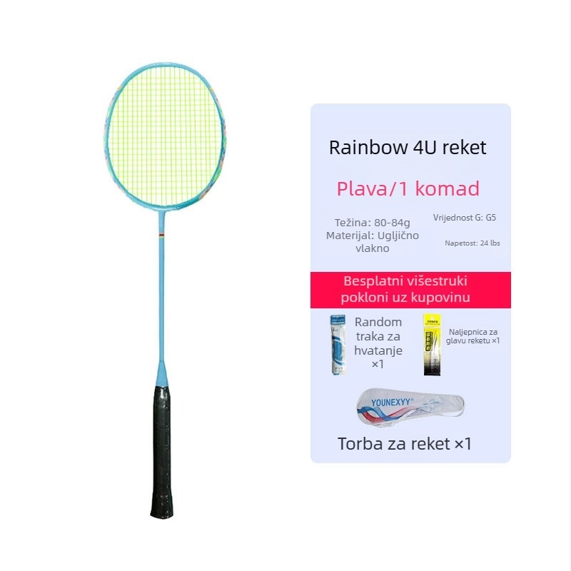 Badminton raketa – trening set za početnike, potpuno karbonska vlakna, ultra lagana, 80–84 g, 4U, držač G5, direktan udarac