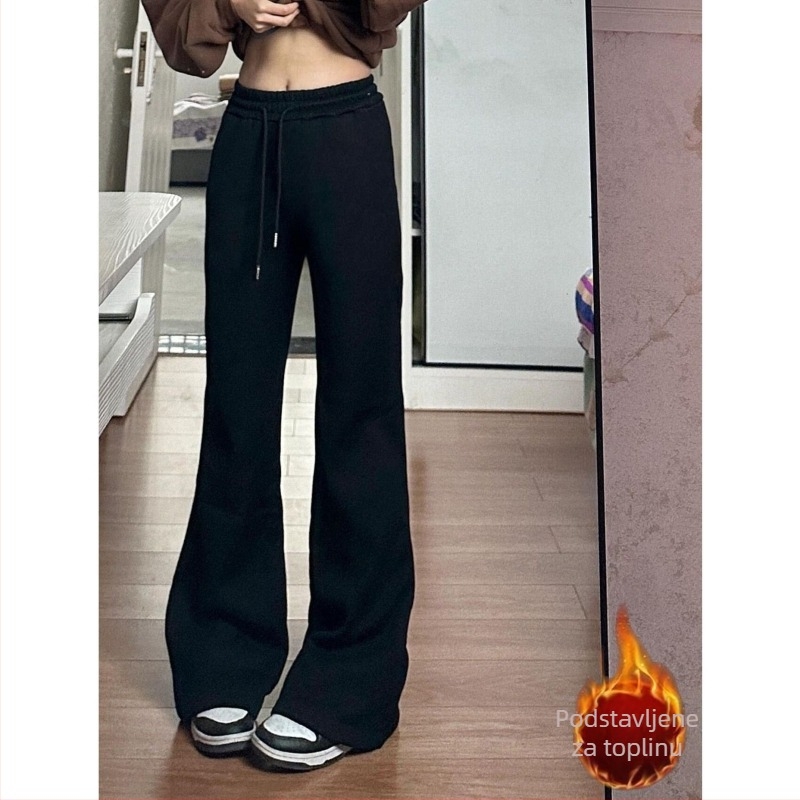 Ženske hlače s mikro-flare krojem, casual stil, vuneni materijal, podstava od flisa, duge, za jesen i zimu