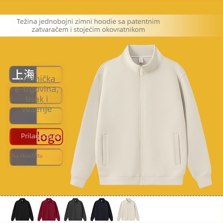 Zip hoodie s stojećim ovratnikom, kapuljačom, slobodnim krojem — mješavina pamuka i poliestera