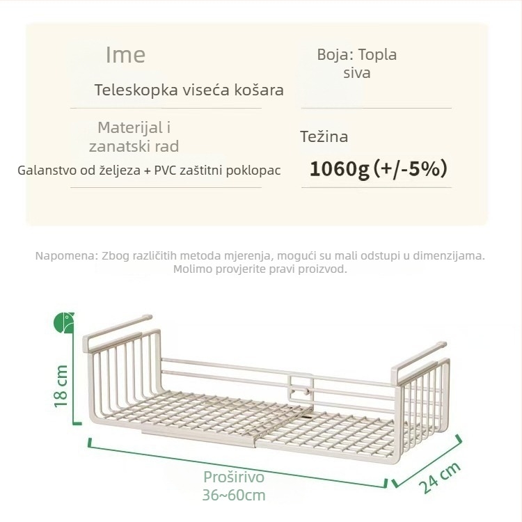 Nehrđajući čelični teleskopski viseći kuhinjski regač, sklopivi, kukom za montažu, 1-slojni