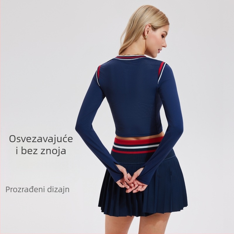 Top za jogu – uska silueta, dugi rukav, duljina do struka, brzo sušenje, prozračno; materijal: najlon/spandeks.