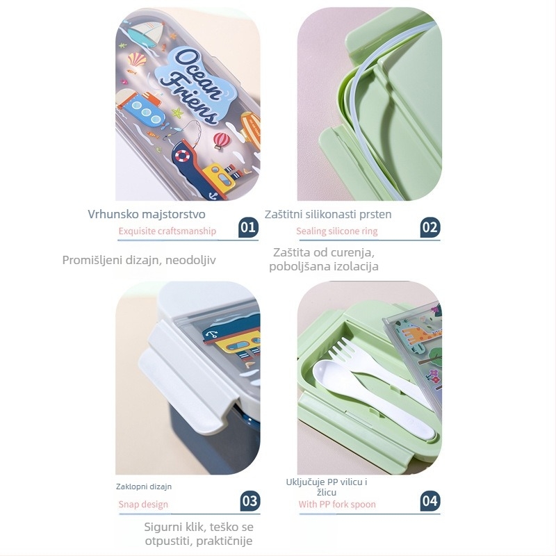 Dječja kutija za ručak s kompletnim setom čaše za vodu – plastika, 1–2 L, pravokutni oblik, mikrotalasno sigurna, uključuje pribor, odjeljivi pretinci, karikatura dizajn