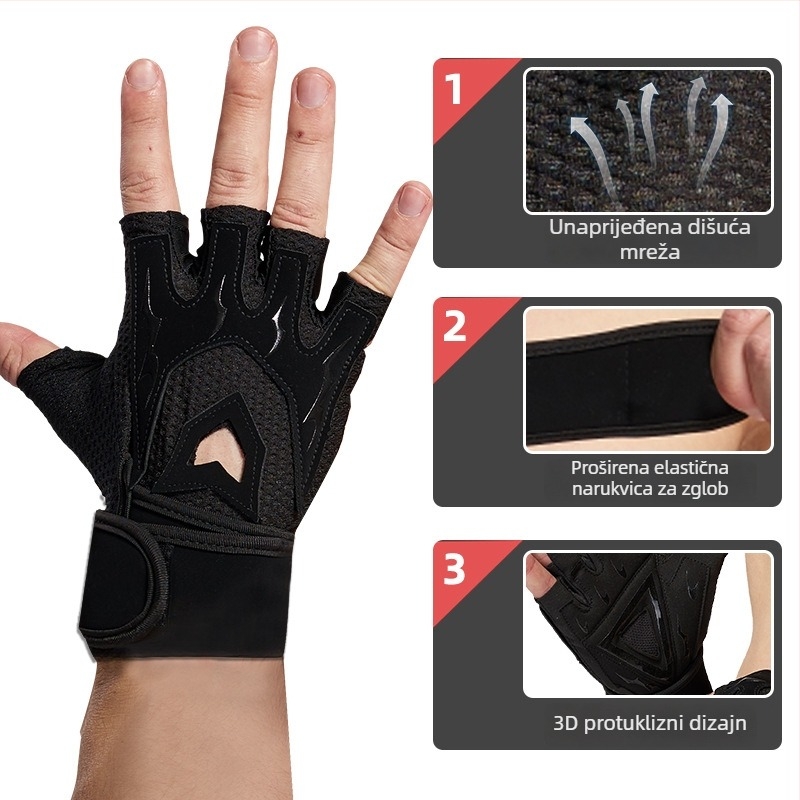 Fitness rukavice za muškarce i žene, protuklizne dlanove, rukavice s polu prsta za mrtvo dizanje i bench press (Brand Endurance; Materijali: 55% najlon, 15% spandex, 8% Lycra, 8% poliuretan, 14% poliester; Kategorija: Zaštita dlana; Prikladni sportovi: Fit