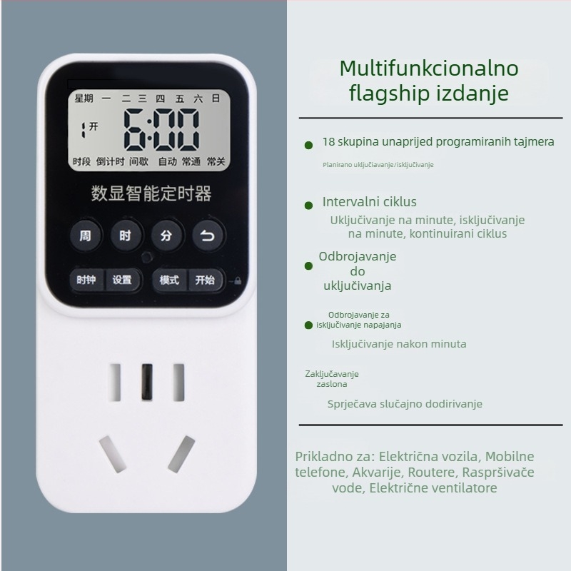 Pametna utičnica s timerom, automatsko isključivanje, kontrola vremena za EV punjenje, 24-satni ciklus • Marka: voampere • CCC certificirano • Funkcija tajmera