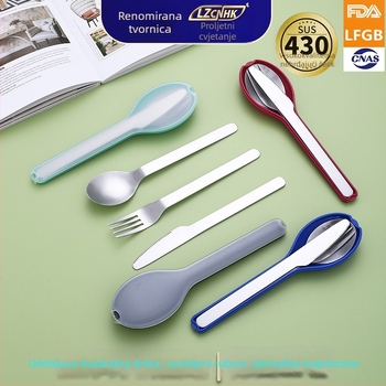 Putni pribor od nehrđajućeg čelika 430: nož, vilica i žlica, ogledno-poliran, višekratna upotreba, prenosno za kampiranje, mogućnost otiska logotipa