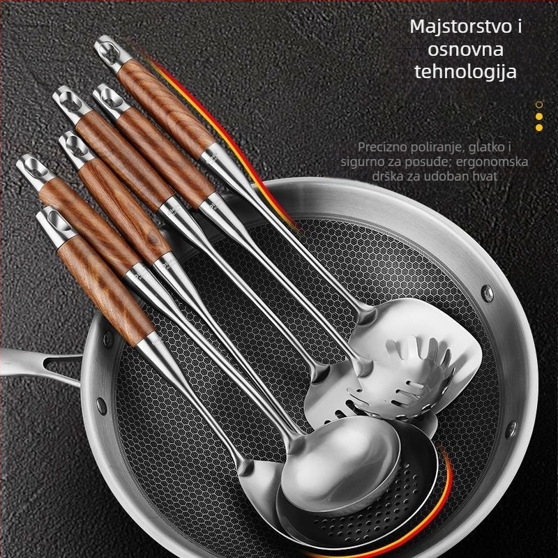 Set žlica i spatula od nehrđajućeg čelika s drškom od čvrstog drveta – protuklizni, otporan na toplinu, toplinska izolacija – moderni minimalistički kuhinjski set, model GC4650121