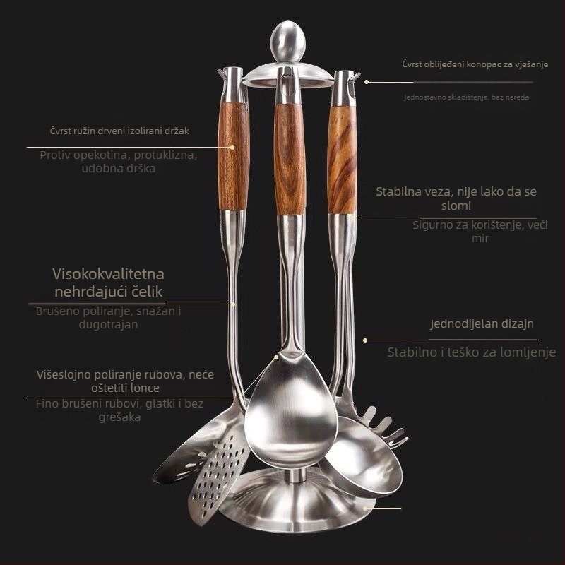 Set žlica i spatula od nehrđajućeg čelika s drškom od čvrstog drveta – protuklizni, otporan na toplinu, toplinska izolacija – moderni minimalistički kuhinjski set, model GC4650121