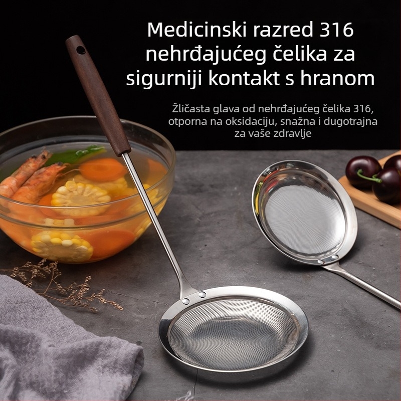 Žlica za pjenu od 316 nehrđajućeg čelika, debela, s drškom od bukova drveta – mrežasta posuda za prženje