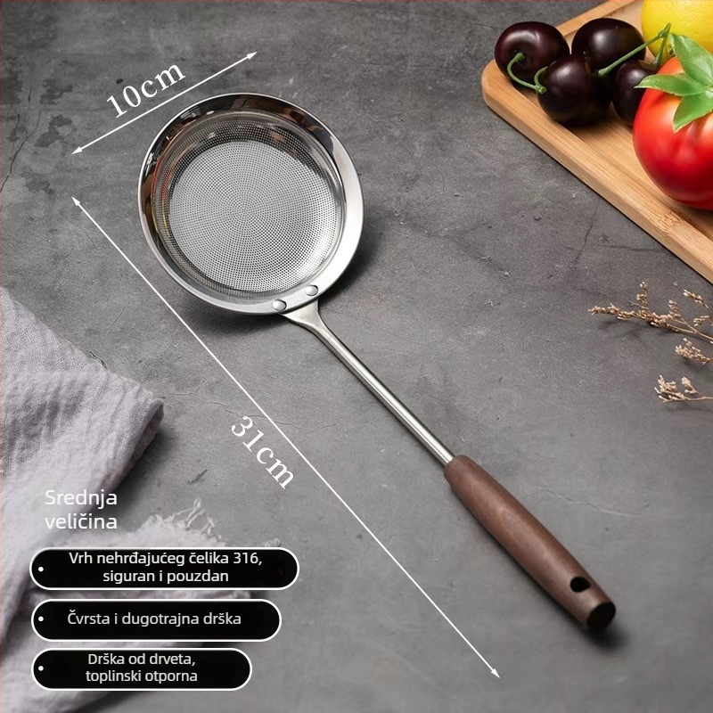 Žlica za pjenu od 316 nehrđajućeg čelika, debela, s drškom od bukova drveta – mrežasta posuda za prženje