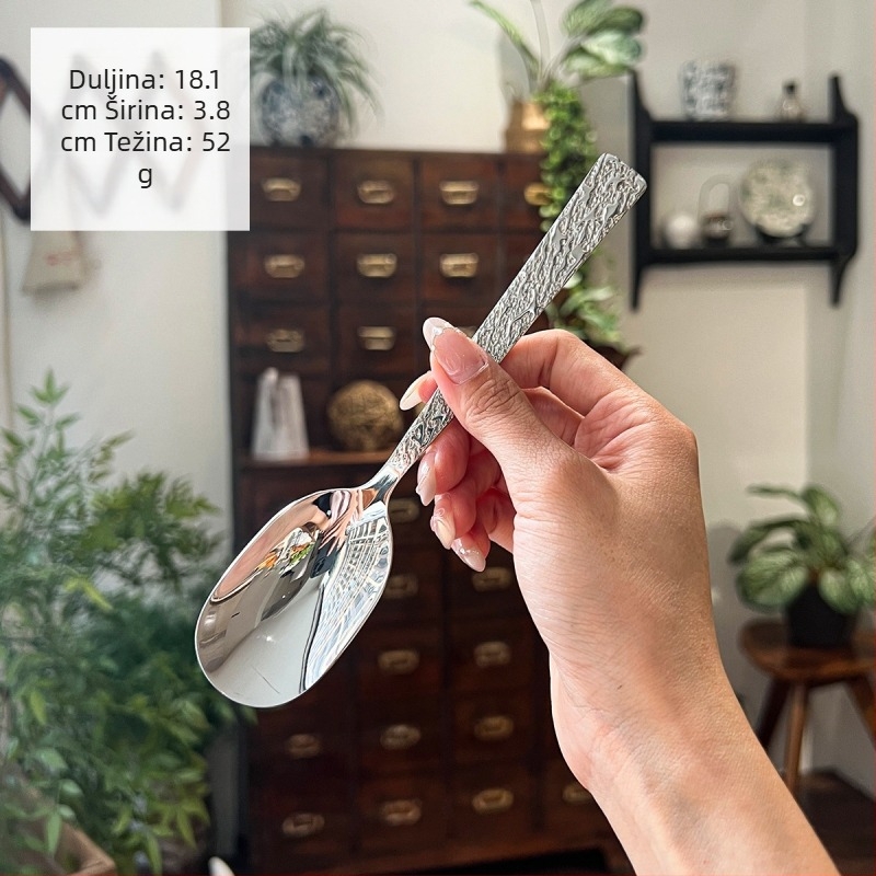 Žlica za juhu od 304 nerđajućeg čelika, ovalnog oblika s udarnim uzorkom, kvadratna drška, debela, završni sloj ogledala, minimalistički stil