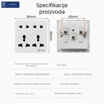 Zan Brand 86-tip ugrađena zidna utičnica, višenamjenska, s 10 otvora, tin-fosfor brončane kontakte, nominalni napon AC 250 V, nominalni tok 10 A, britanski standard