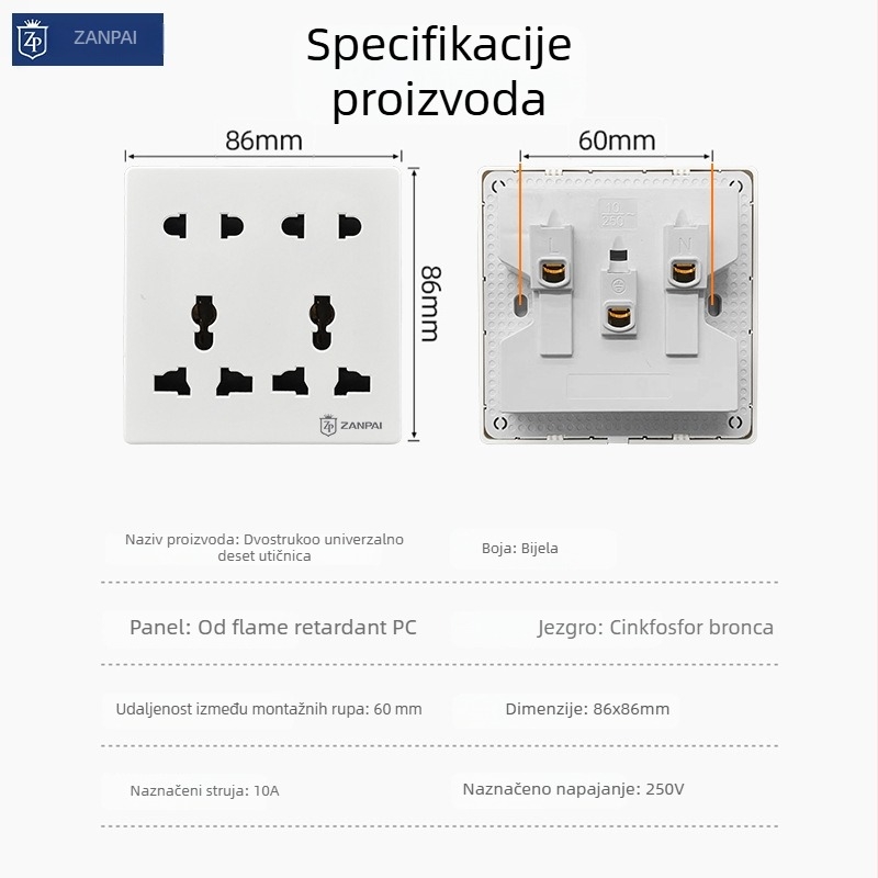 Zan Brand 86-tip ugrađena zidna utičnica, višenamjenska, s 10 otvora, tin-fosfor brončane kontakte, nominalni napon AC 250 V, nominalni tok 10 A, britanski standard