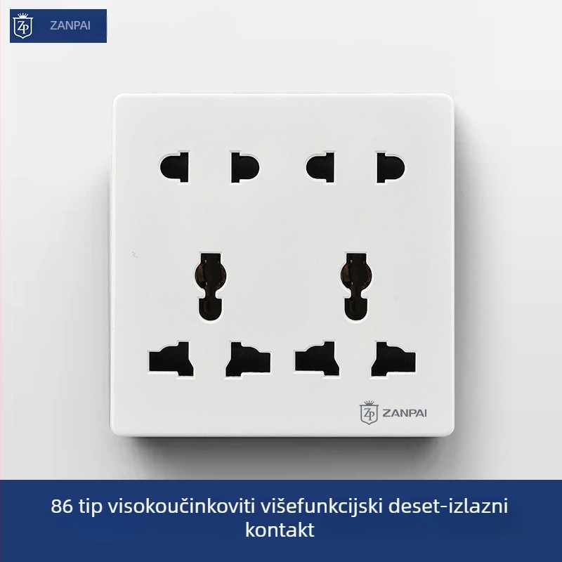 Zan Brand 86-tip ugrađena zidna utičnica, višenamjenska, s 10 otvora, tin-fosfor brončane kontakte, nominalni napon AC 250 V, nominalni tok 10 A, britanski standard