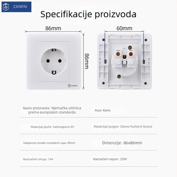 Zan Brand 86-tip europski standard zidni panel utičnice, 16A, 250V, CE certifikat