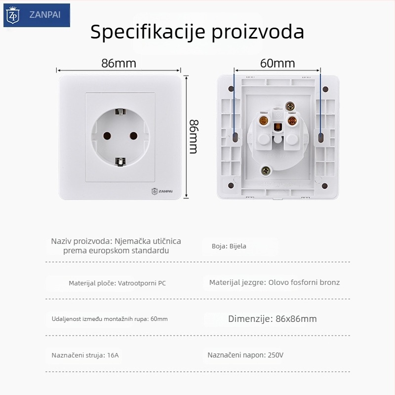 Zan Brand 86-tip europski standard zidni panel utičnice, 16A, 250V, CE certifikat