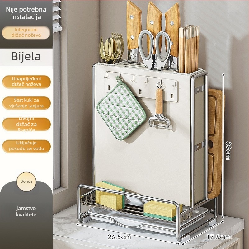 Višenamjenski kuhinjski stalak za nože na radnu površinu s odvodom — pokretan, od karbonskog čelika, s držačem za štapiće i držačem za daske za rezanje