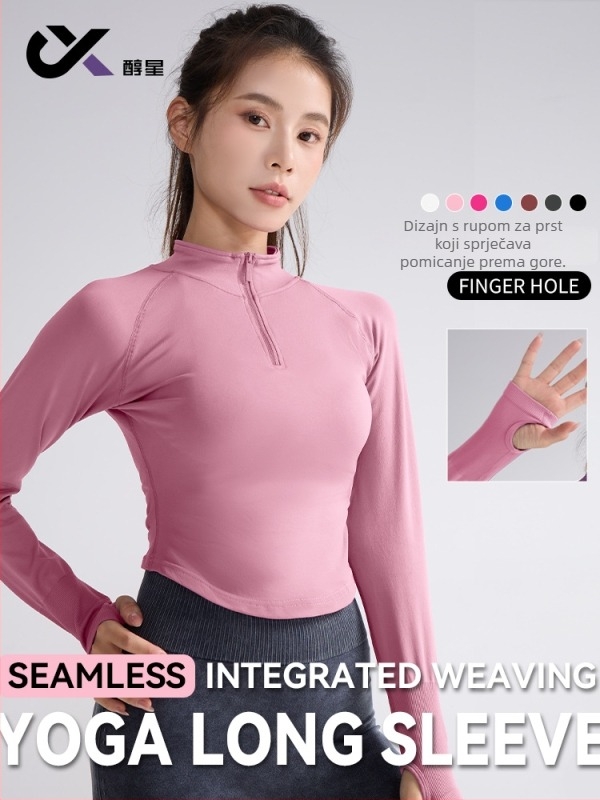 Ženski top za jogu s dugim rukavima, uski kroj, stojeći ovratnik, dužina do struka, mješavina poliester-spandeks