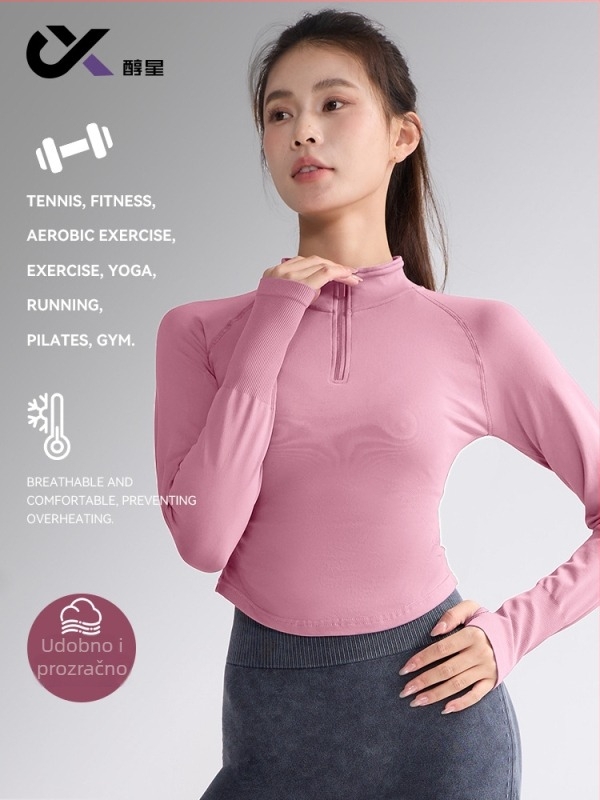 Ženski top za jogu s dugim rukavima, uski kroj, stojeći ovratnik, dužina do struka, mješavina poliester-spandeks