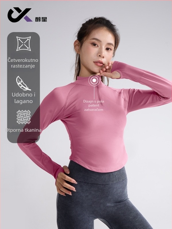 Ženski top za jogu s dugim rukavima, uski kroj, stojeći ovratnik, dužina do struka, mješavina poliester-spandeks