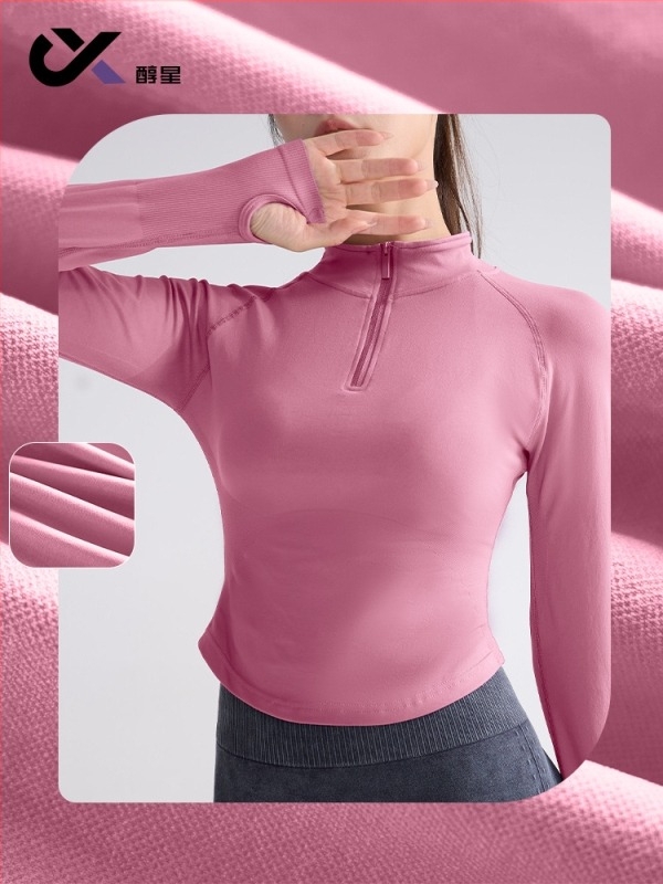 Ženski top za jogu s dugim rukavima, uski kroj, stojeći ovratnik, dužina do struka, mješavina poliester-spandeks
