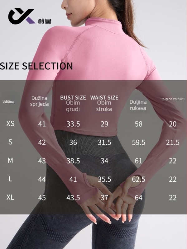 Ženski top za jogu s dugim rukavima, uski kroj, stojeći ovratnik, dužina do struka, mješavina poliester-spandeks