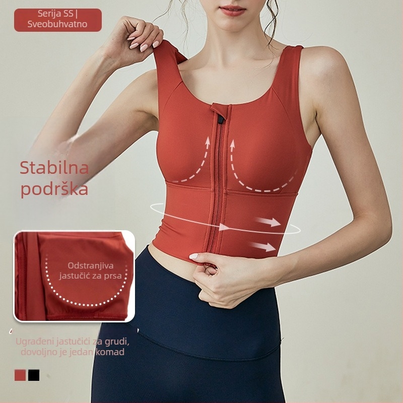 Ženski sportski grudnjak s prednjim zatvaračem — visoka podrška, otporan na udarce, 3/4 košarica s srednjim oblikovanjem, fiksni dvostruki remeni, materijal nylon-spandeks