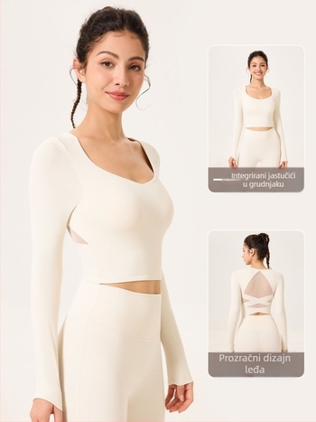 Ženski dugi rukav joge top s ugrađenim jastučićem za prsni koš, uski kroj, anti-shock, dužina struka (Materijal: Najlon/Poliamid 81% + Elastan 19%)