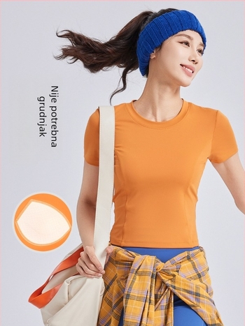 Ženska joga majica s jastučićima za prsa, kratki rukavi, vezice sa trakama, uski kroj (Prozračno • Poliester + Spandeks • 82.5% + 17.5% • Kratki rukavi • Uski kroj)