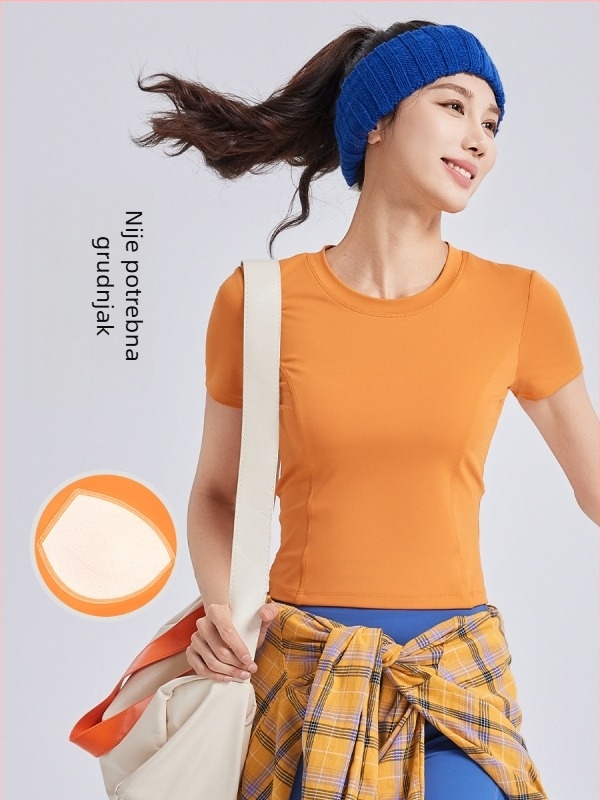 Ženska joga majica s jastučićima za prsa, kratki rukavi, vezice sa trakama, uski kroj (Prozračno • Poliester + Spandeks • 82.5% + 17.5% • Kratki rukavi • Uski kroj)