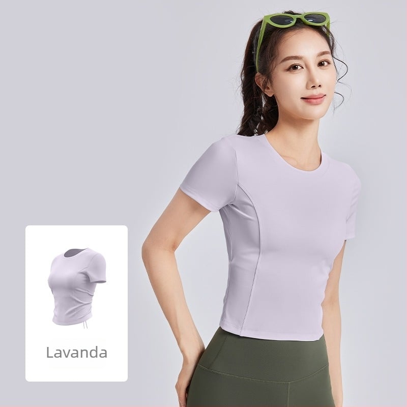 Ženska joga majica s jastučićima za prsa, kratki rukavi, vezice sa trakama, uski kroj (Prozračno • Poliester + Spandeks • 82.5% + 17.5% • Kratki rukavi • Uski kroj)