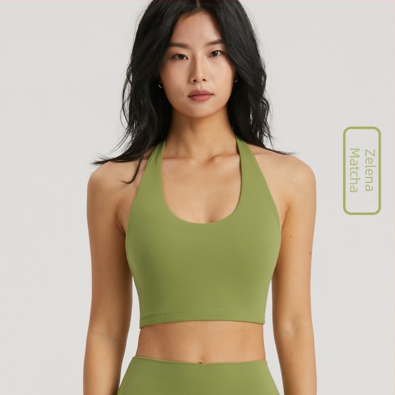 Sportski grudnjak s halter vratom i fiksnim trakama, bez žice, 3/4 košarica, srednje oblikovana, NULS tkanina (80% najlon / 20% spandex), podrška leđima za plesne sportove