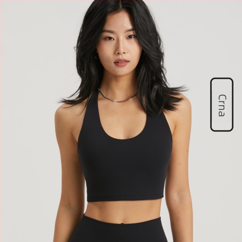 Sportski grudnjak s halter vratom i fiksnim trakama, bez žice, 3/4 košarica, srednje oblikovana, NULS tkanina (80% najlon / 20% spandex), podrška leđima za plesne sportove