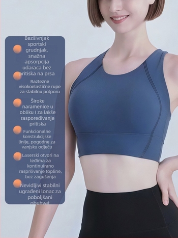 Sportski grudnjak od najlona 75% s podstavom od spandexa 25%, puna šalica s srednjom oblikom, čvrste dvostruke naramenice, dizajn u jednom komadu, pogodan za trčanje i fitness