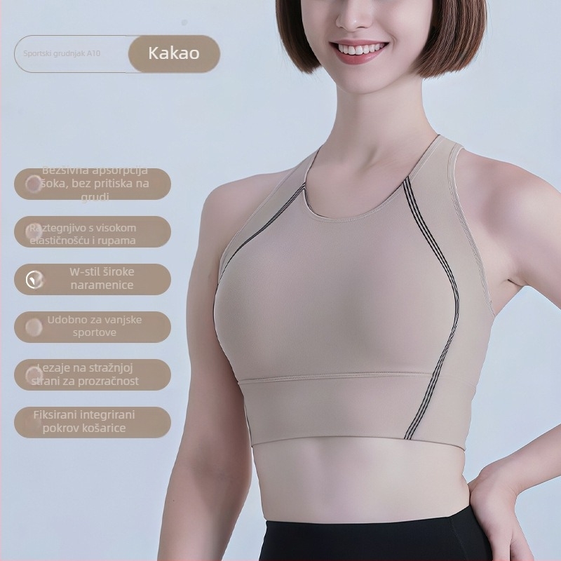 Sportski grudnjak od najlona 75% s podstavom od spandexa 25%, puna šalica s srednjom oblikom, čvrste dvostruke naramenice, dizajn u jednom komadu, pogodan za trčanje i fitness