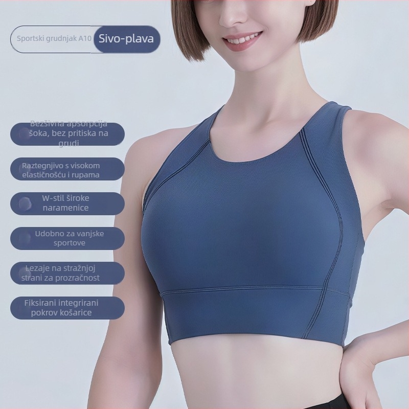 Sportski grudnjak od najlona 75% s podstavom od spandexa 25%, puna šalica s srednjom oblikom, čvrste dvostruke naramenice, dizajn u jednom komadu, pogodan za trčanje i fitness