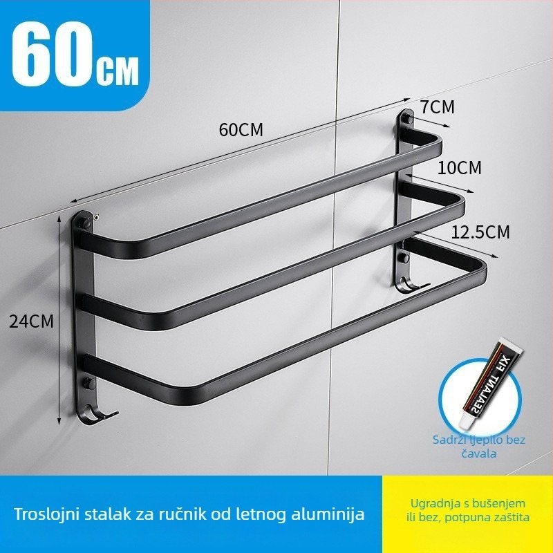 Aluminijski držač za ručnike bez bušenja, s tri šipke, otporan na hrđu, premaz plastike u spreju