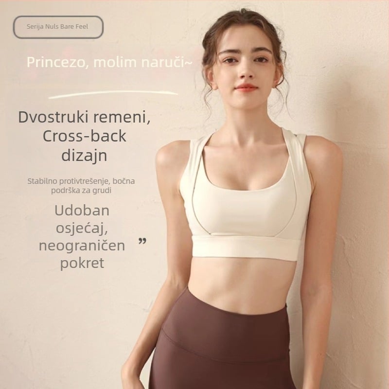 Ženski sportski grudnjak za trčanje, za nošenje vani – puni košarica, oblikovane čašice, čvrste dvostruke naramenice, stražnje kopče s tri reda kukica; glavni materijal: najlon 75%, podstava 25% spandex