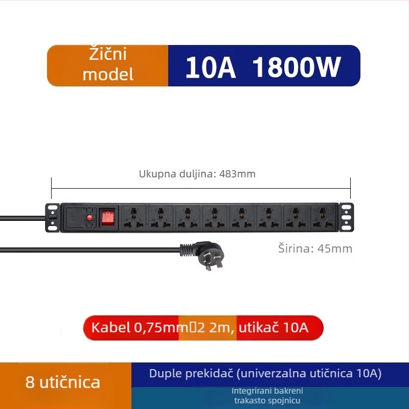Kablinski utikač za PDU ormarić, 10A, 2500W, plamenootporan PC kućište, pogodan za računalne ormariće